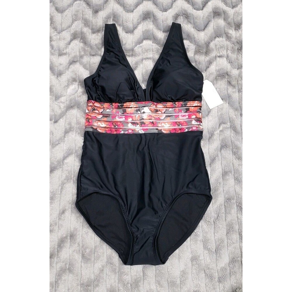 Time and Tru Black Floral One Piece Swimsuit Womens S 4-6 NWT
